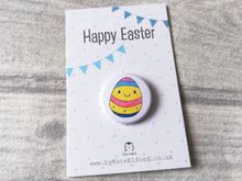 Load image into Gallery viewer, Easter badges, little chick, daffodil and egg pin buttons, Happy Easter, egg hunt treasure, available separately or as a bundle