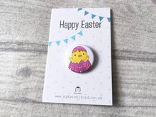 Load image into Gallery viewer, Easter badges, little chick, daffodil and egg pin buttons, Happy Easter, egg hunt treasure, available separately or as a bundle
