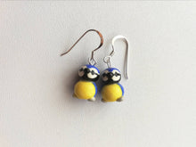 Load image into Gallery viewer, Blue tit earrings, ceramic, miniature birds, garden bird sterling silver earrings
