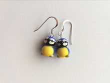 Load image into Gallery viewer, Blue tit earrings, ceramic, miniature birds, garden bird sterling silver earrings