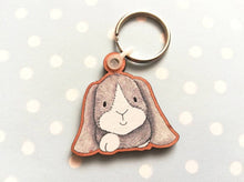 Load image into Gallery viewer, Seconds - Rabbit keyring, wooden grey bunny key fob, rabbit key chain, wood bag charm, made from eco friendly, responsibly resourced wood.