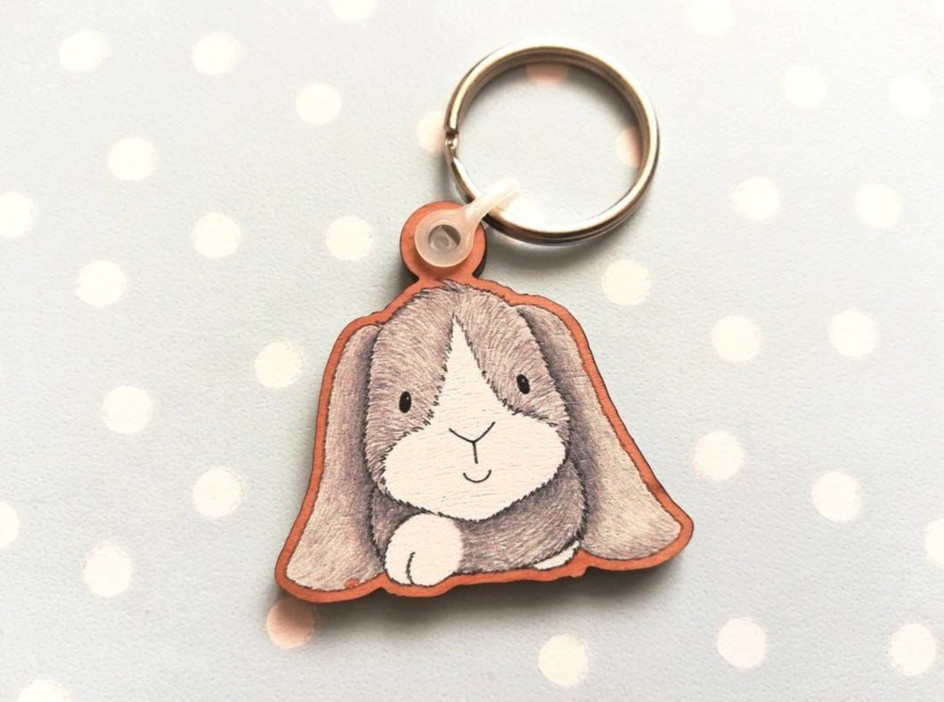 Seconds - Rabbit keyring, wooden grey bunny key fob, rabbit key chain, wood bag charm, made from eco friendly, responsibly resourced wood.
