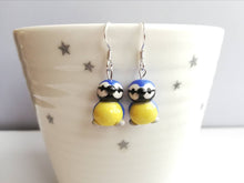 Load image into Gallery viewer, Blue tit earrings, ceramic, miniature birds, garden bird sterling silver earrings