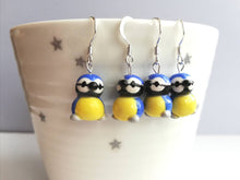 Load image into Gallery viewer, Blue tit earrings, ceramic, miniature birds, garden bird sterling silver earrings