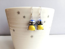Load image into Gallery viewer, Blue tit earrings, ceramic, miniature birds, garden bird sterling silver earrings