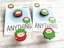 Load image into Gallery viewer, Mini wooden conker pin, positive, conquer, achievement gift. Responsibly resourced wood