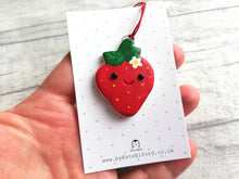Load image into Gallery viewer, Pottery strawberry hanger. Little happy berry tag. Hand painted ceramics
