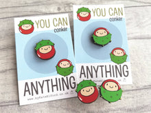Load image into Gallery viewer, Mini wooden conker pin, positive, conquer, achievement gift. Responsibly resourced wood