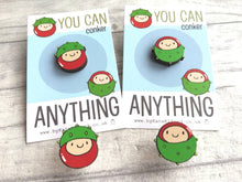 Load image into Gallery viewer, Mini wooden conker pin, positive, conquer, achievement gift. Responsibly resourced wood