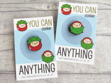 Load image into Gallery viewer, Mini wooden conker pin, positive, conquer, achievement gift. Responsibly resourced wood