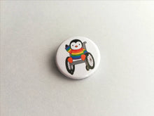Load image into Gallery viewer, Mini penguin and wheelchair badge, little rainbow penguin pin button