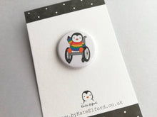 Load image into Gallery viewer, Mini penguin and wheelchair badge, little rainbow penguin pin button