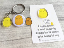 Load image into Gallery viewer, A little sunbeam button badge, positive, happy, supportive, sun, care, mini badge