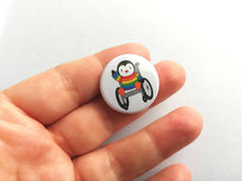 Load image into Gallery viewer, Mini penguin and wheelchair badge, little rainbow penguin pin button
