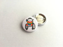 Load image into Gallery viewer, Mini penguin and wheelchair badge, little rainbow penguin pin button