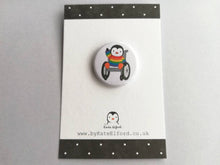 Load image into Gallery viewer, Mini penguin and wheelchair badge, little rainbow penguin pin button