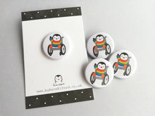 Load image into Gallery viewer, Mini penguin and wheelchair badge, little rainbow penguin pin button