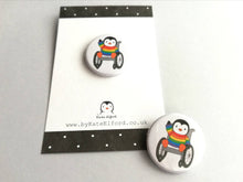 Load image into Gallery viewer, Mini penguin and wheelchair badge, little rainbow penguin pin button

