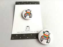Load image into Gallery viewer, Mini penguin and wheelchair badge, little rainbow penguin pin button