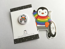 Load image into Gallery viewer, Mini penguin and wheelchair badge, little rainbow penguin pin button