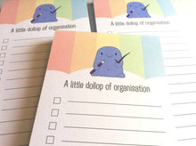 Load image into Gallery viewer, Shopping list notepad, a dollop of organisation, tick list note book, optional magnet, DL jotter pad