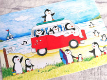Load image into Gallery viewer, Penguins at the beach, summer penguin vinyl sticker, seaside, surfing, camper, swimming and ice cream