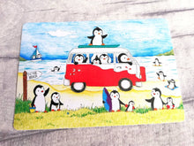 Load image into Gallery viewer, Penguins at the beach, summer penguin vinyl sticker, seaside, surfing, camper, swimming and ice cream