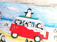 Load image into Gallery viewer, Penguins at the beach, summer penguin vinyl sticker, seaside, surfing, camper, swimming and ice cream