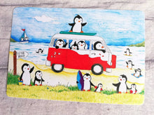 Load image into Gallery viewer, Penguins at the beach, summer penguin vinyl sticker, seaside, surfing, camper, swimming and ice cream