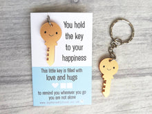 Load image into Gallery viewer, Little key keyring, love and hugs, mini cute happy charm, little positive key fob, the key to happiness, friendship, supportive gift