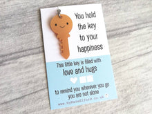 Load image into Gallery viewer, Little key keyring, love and hugs, mini cute happy charm, little positive key fob, the key to happiness, friendship, supportive gift