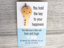 Load image into Gallery viewer, Little key keyring, love and hugs, mini cute happy charm, little positive key fob, the key to happiness, friendship, supportive gift