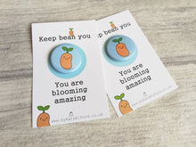 Load image into Gallery viewer, Keep bean you, little positive gift, blue mini happy button badge, cute, friend, supportive, thank you