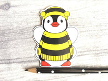Load image into Gallery viewer, Penguin dressed up as a bee, vinyl sticker, boo the penguin sticker