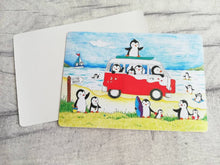 Load image into Gallery viewer, Penguins at the beach, summer penguin vinyl sticker, seaside, surfing, camper, swimming and ice cream