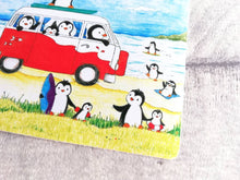 Load image into Gallery viewer, Penguins at the beach, summer penguin vinyl sticker, seaside, surfing, camper, swimming and ice cream