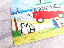 Load image into Gallery viewer, Penguins at the beach, summer penguin vinyl sticker, seaside, surfing, camper, swimming and ice cream
