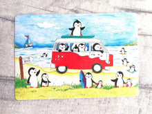 Load image into Gallery viewer, Penguins at the beach, summer penguin vinyl sticker, seaside, surfing, camper, swimming and ice cream