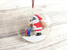 Load image into Gallery viewer, Badger recycled acrylic Christmas decoration, Father Christmas badger ornament, cute, eco friendly