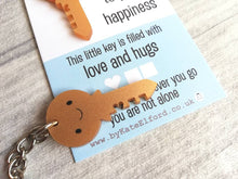 Load image into Gallery viewer, Little key keyring, love and hugs, mini cute happy charm, little positive key fob, the key to happiness, friendship, supportive gift