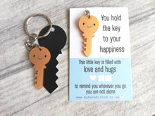 Load image into Gallery viewer, Little key keyring, love and hugs, mini cute happy charm, little positive key fob, the key to happiness, friendship, supportive gift