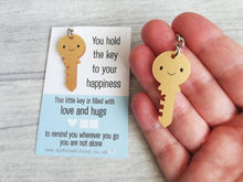 Load image into Gallery viewer, Little key keyring, love and hugs, mini cute happy charm, little positive key fob, the key to happiness, friendship, supportive gift