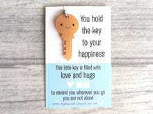Load image into Gallery viewer, Little key keyring, love and hugs, mini cute happy charm, little positive key fob, the key to happiness, friendship, supportive gift