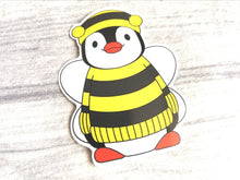 Load image into Gallery viewer, Penguin dressed up as a bee, vinyl sticker, boo the penguin sticker