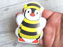 Load image into Gallery viewer, Penguin dressed up as a bee, vinyl sticker, boo the penguin sticker