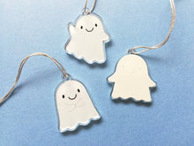 Load image into Gallery viewer, Ghost decorations. Set of three recycled acrylic ghosts. Cute happy ghost ornaments.
