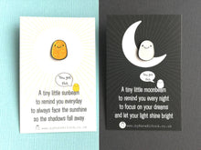 Load image into Gallery viewer, A little moon beam enamel pin, tiny cute, positive enamel gift, supportive, friendship, care, you got this, dream, tiny glitter moonbeam pin