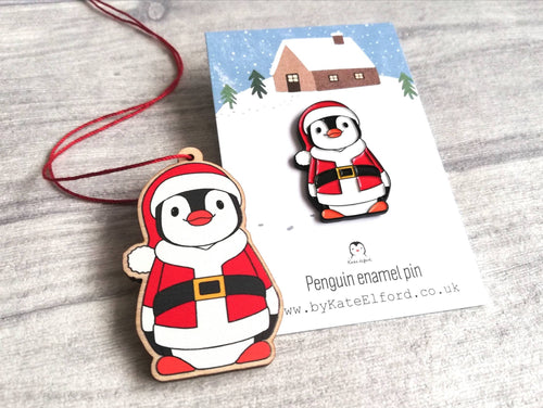 Father Christmas penguin enamel pin and decoration, Boo the penguin, Christmas brooch and ornament