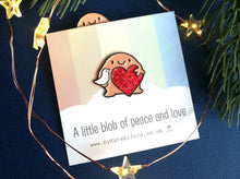 Load image into Gallery viewer, A little blob of peace and love enamel pin, cute happy blob, dove and heart, positive enamel brooch, friendship, supportive enamel badges