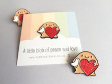 Load image into Gallery viewer, A little blob of peace and love enamel pin, cute happy blob, dove and heart, positive enamel brooch, friendship, supportive enamel badges